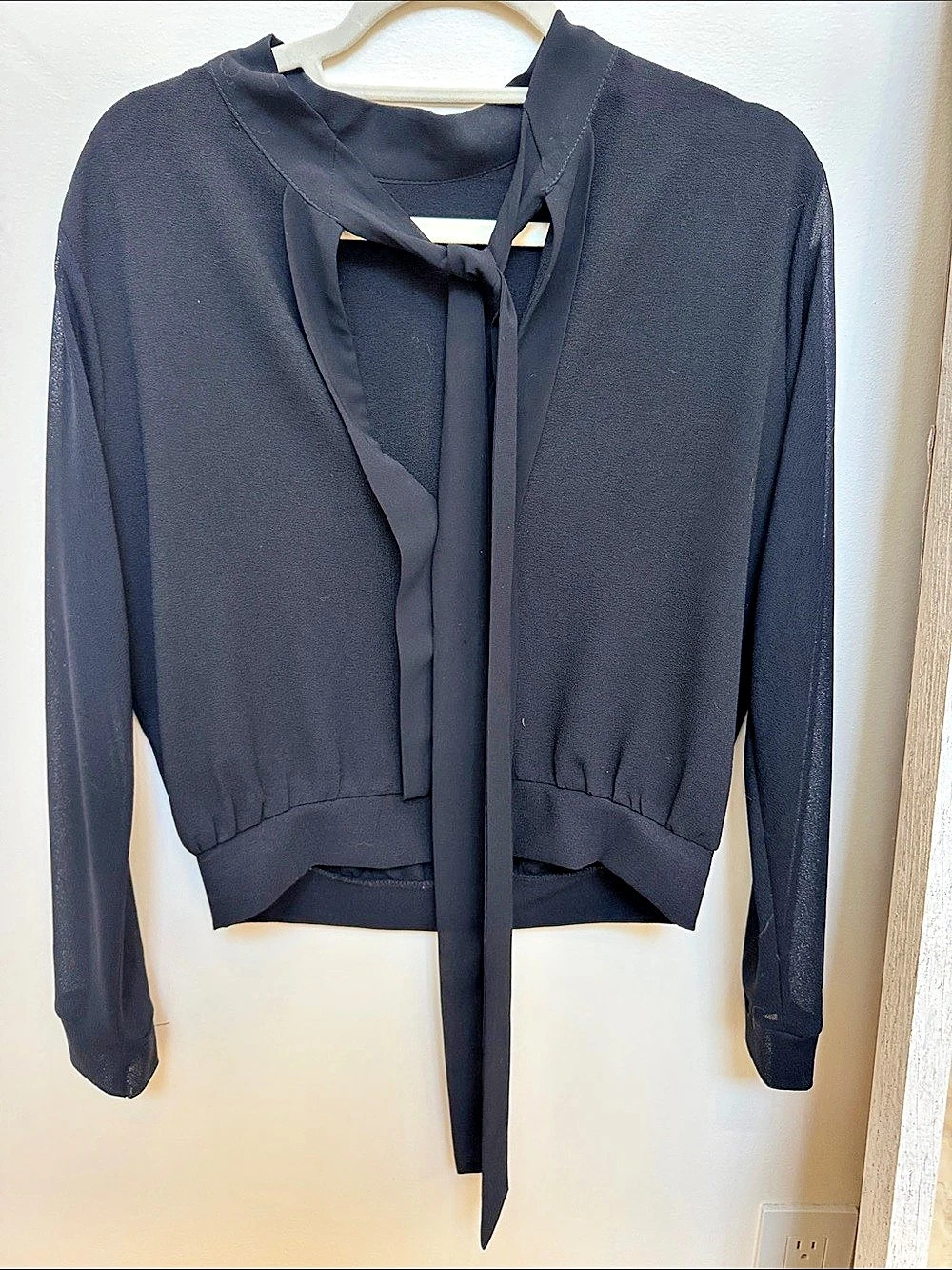 Zara Tie-Front Blouse Sheer Sleeve Black Small Like New